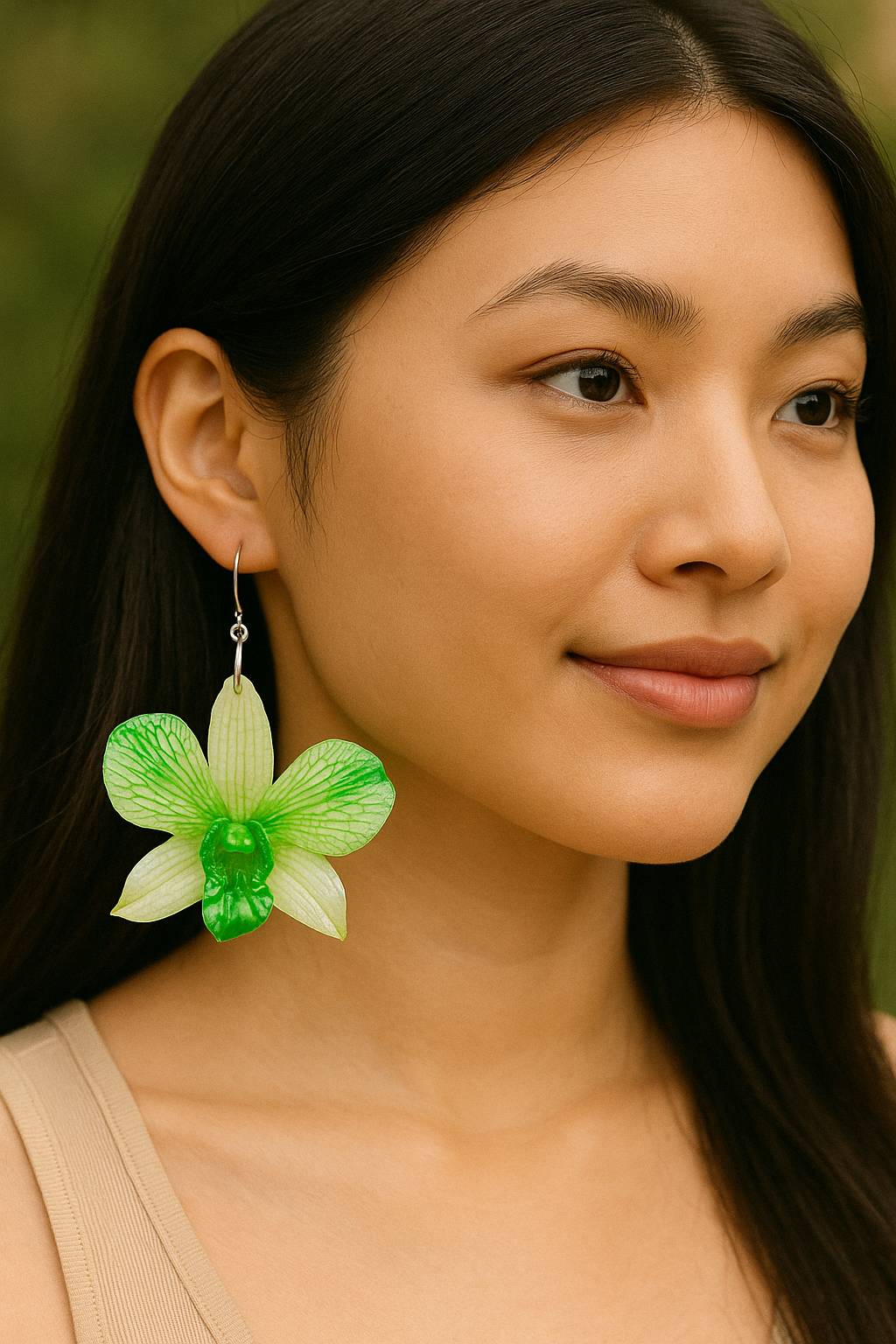 Earrings made from real flowers in green tones