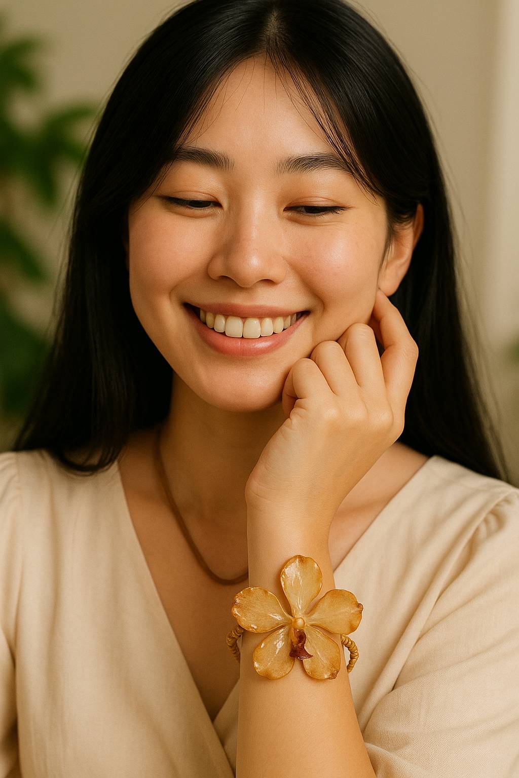 Bracelet made from real flowers, light brown rope