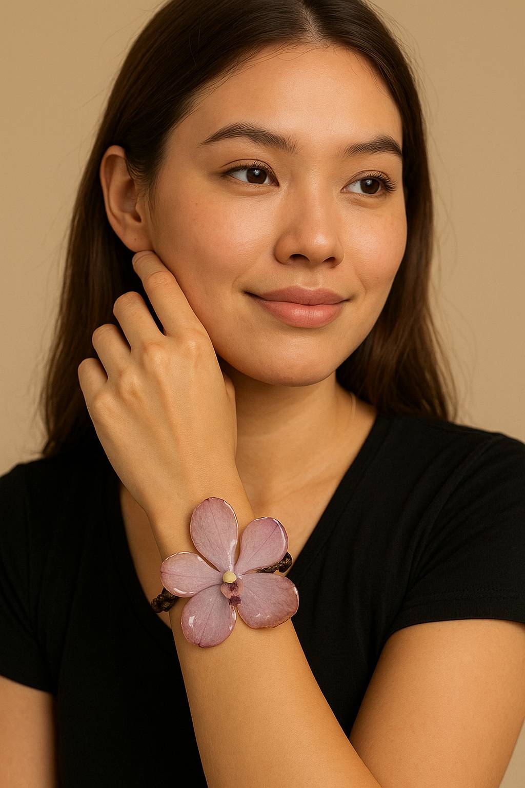 Bracelet made from real orchids, dark brown string