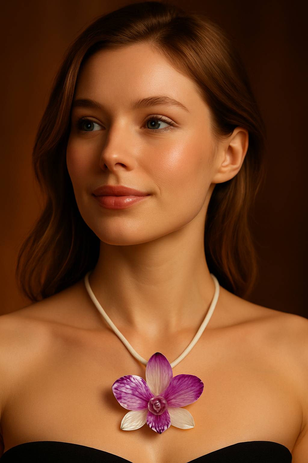 Pendant + rope necklace made from real orchids, white-purple tone