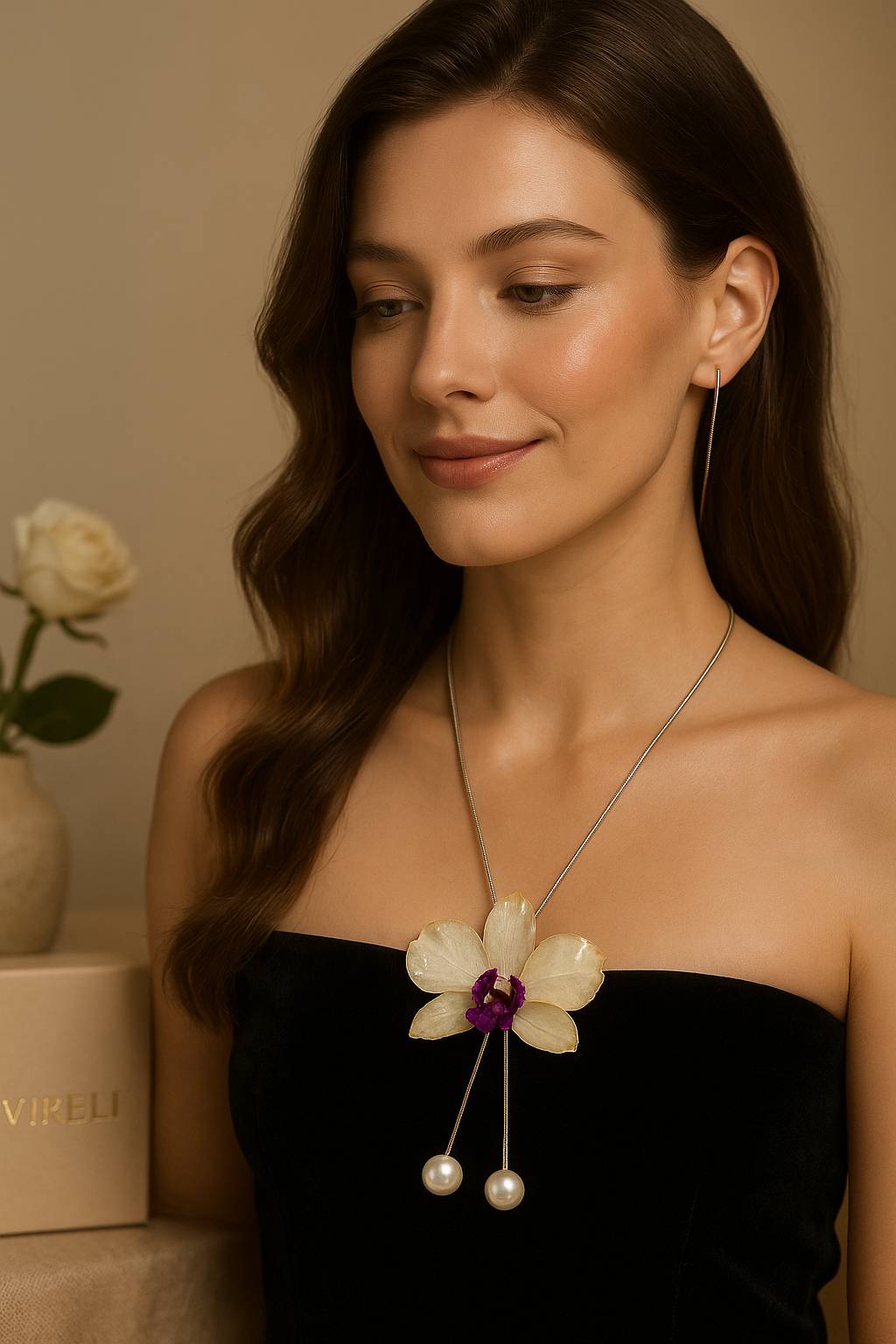 Pendant + necklace, banana flower, made from real flowers, white and purple tones