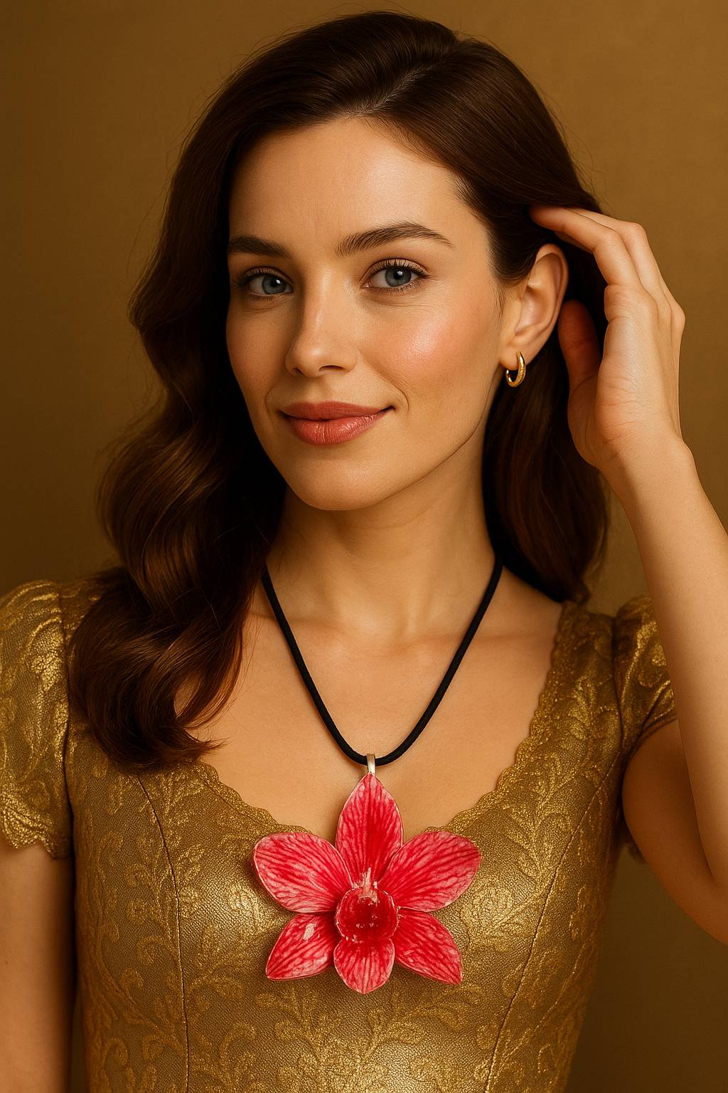 Pendant + rope necklace made from real flowers, red tone