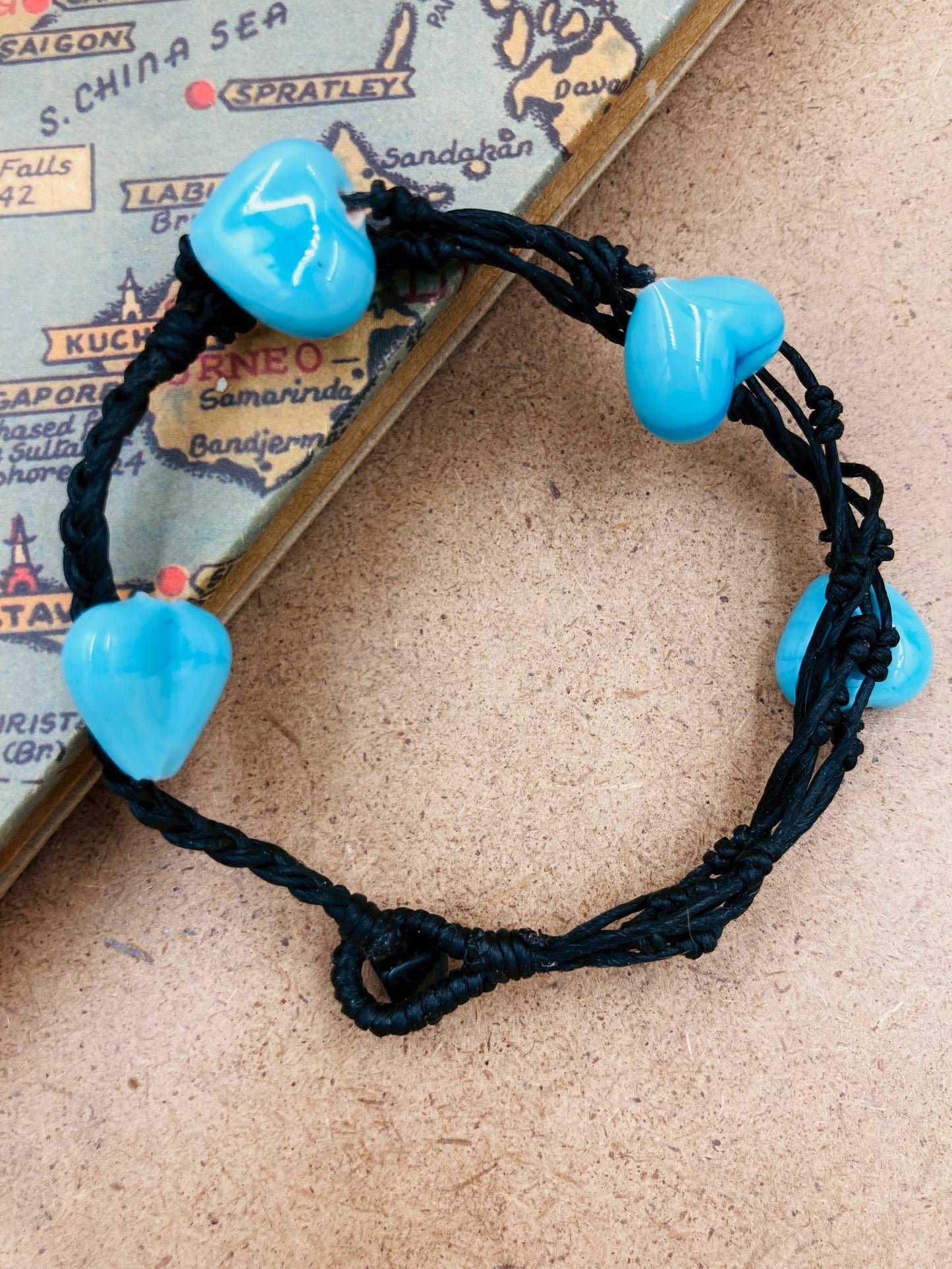 Handmade Murano Glass Bead Bracelet, Waxed Cord Boho Jewelry