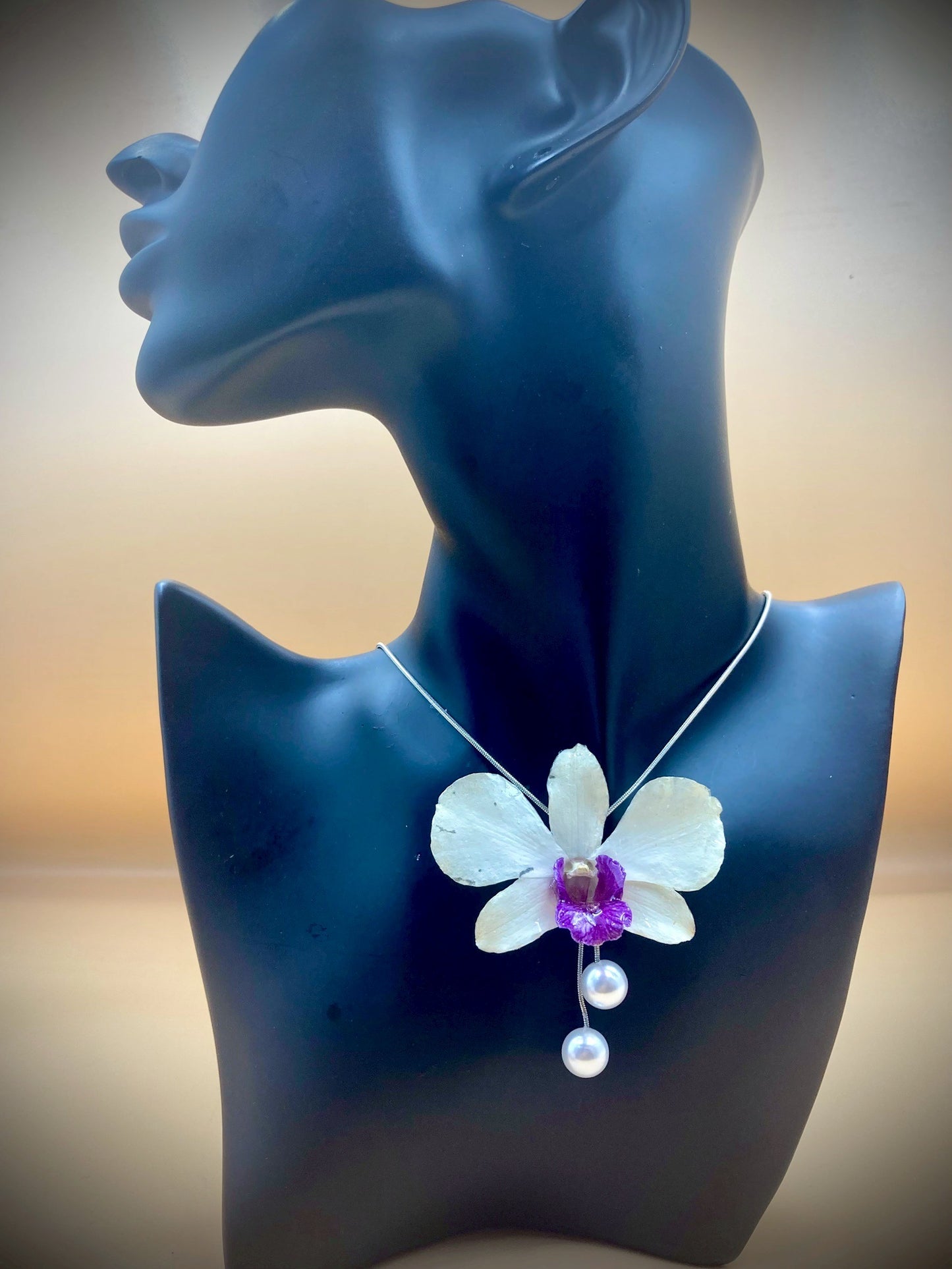 Pendant + necklace, banana flower, made from real flowers, white and purple tones