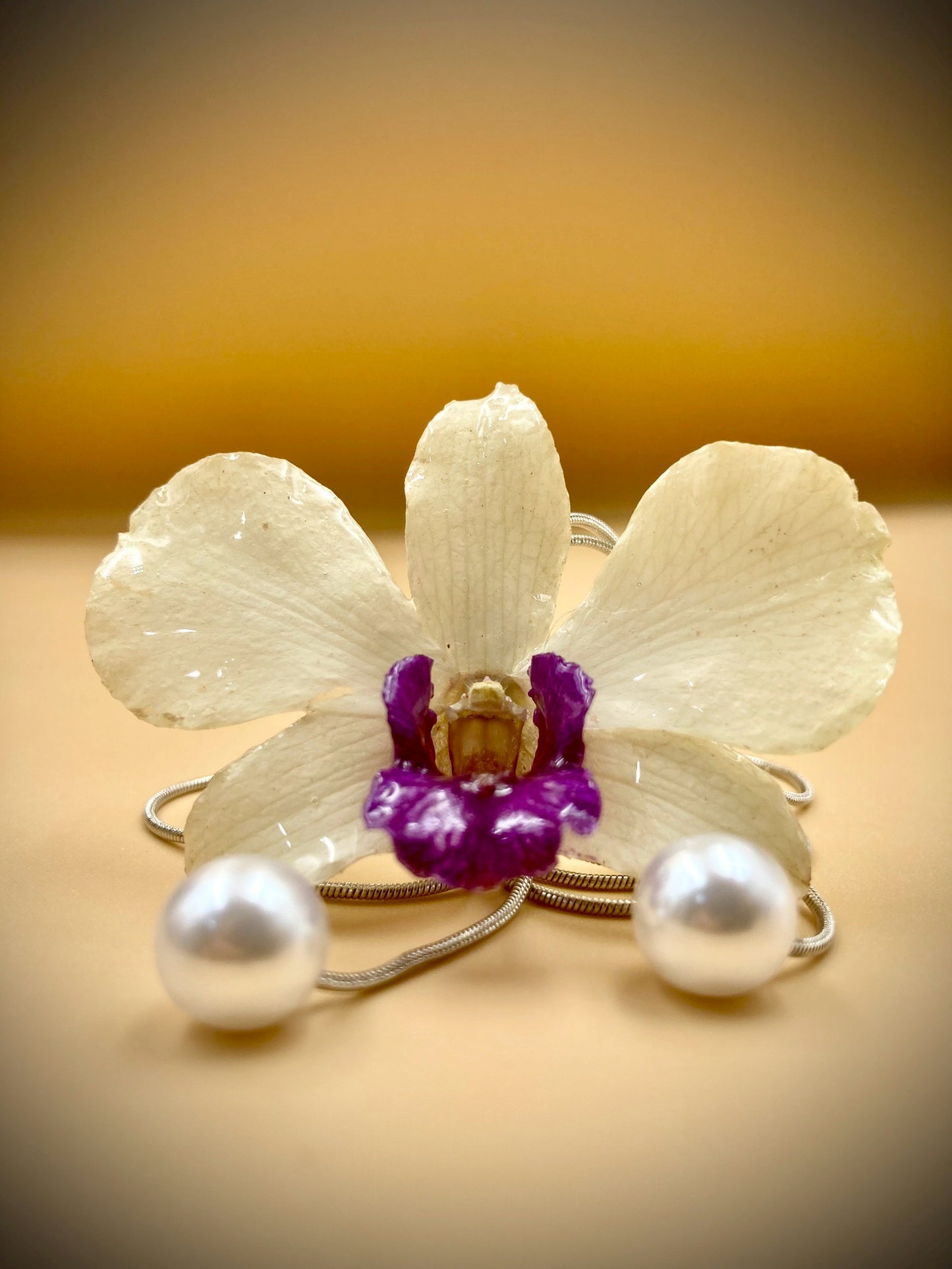 Pendant + necklace, banana flower, made from real flowers, white and purple tones