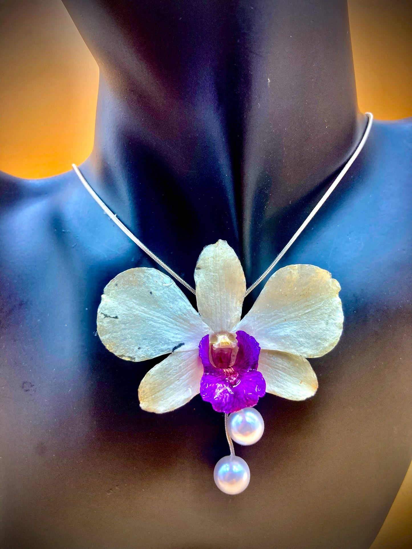Pendant + necklace, banana flower, made from real flowers, white and purple tones