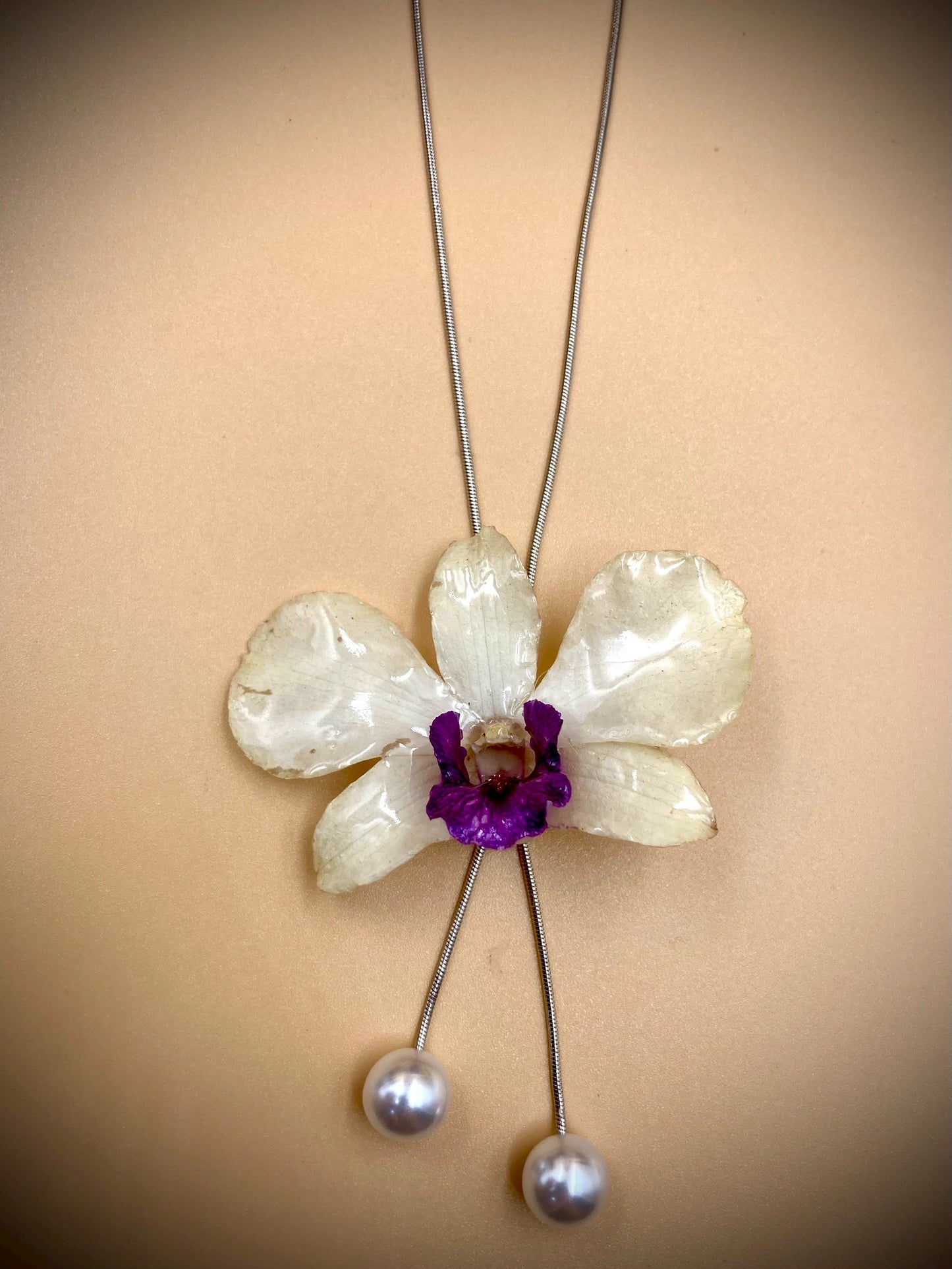 Pendant + necklace, banana flower, made from real flowers, white and purple tones