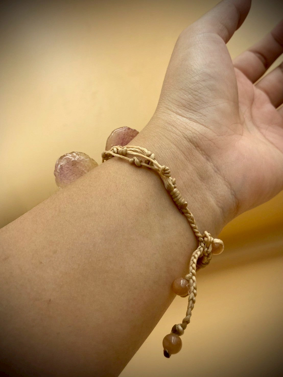 Bracelet made from real flowers, light brown rope