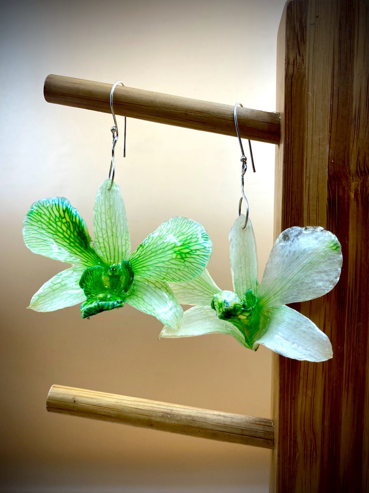 Earrings made from real flowers in green tones