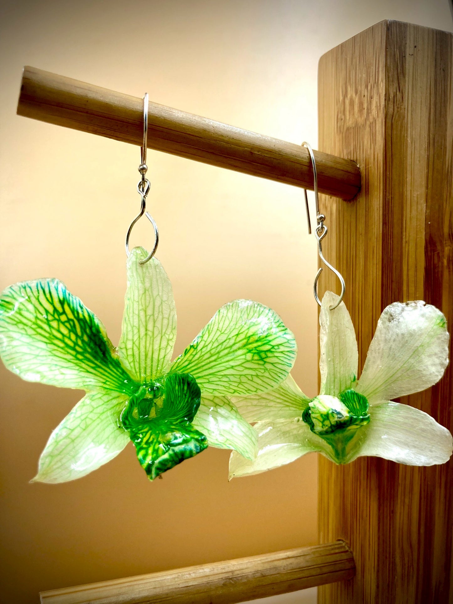 Earrings made from real flowers in green tones