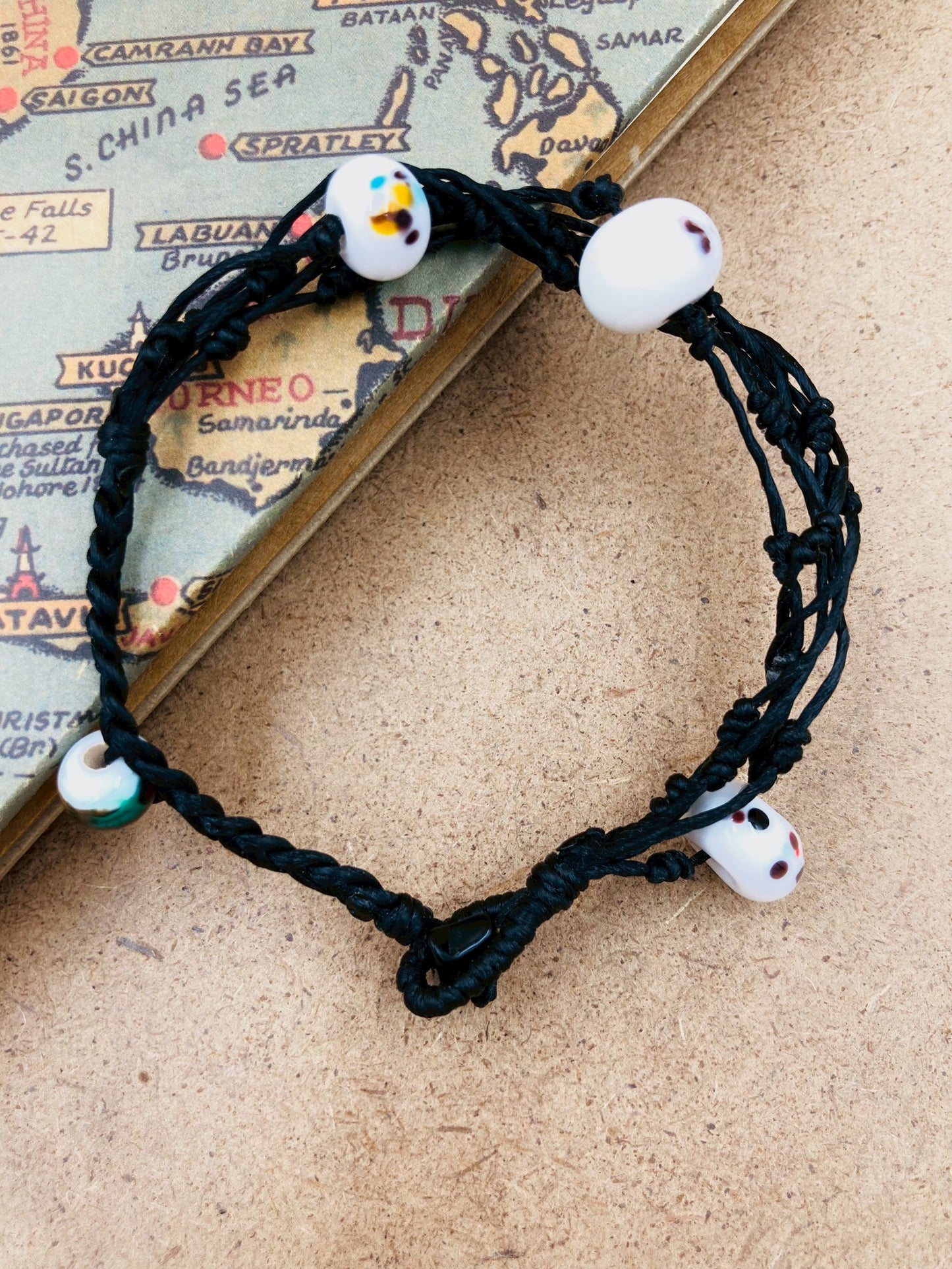 Handmade Murano Glass Bead Bracelet, Waxed Cord Boho Jewelry