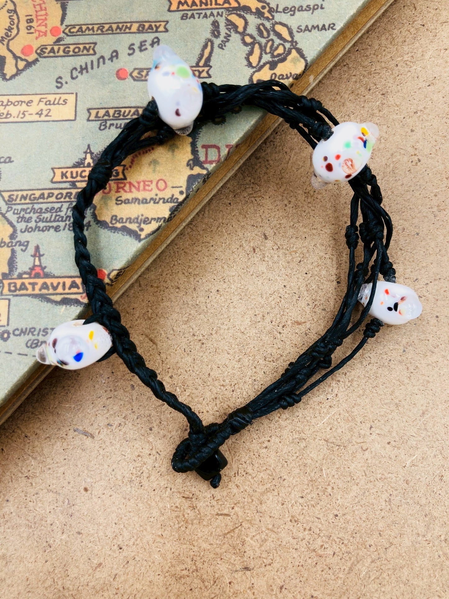 Handmade Murano Glass Bead Bracelet, Waxed Cord Boho Jewelry
