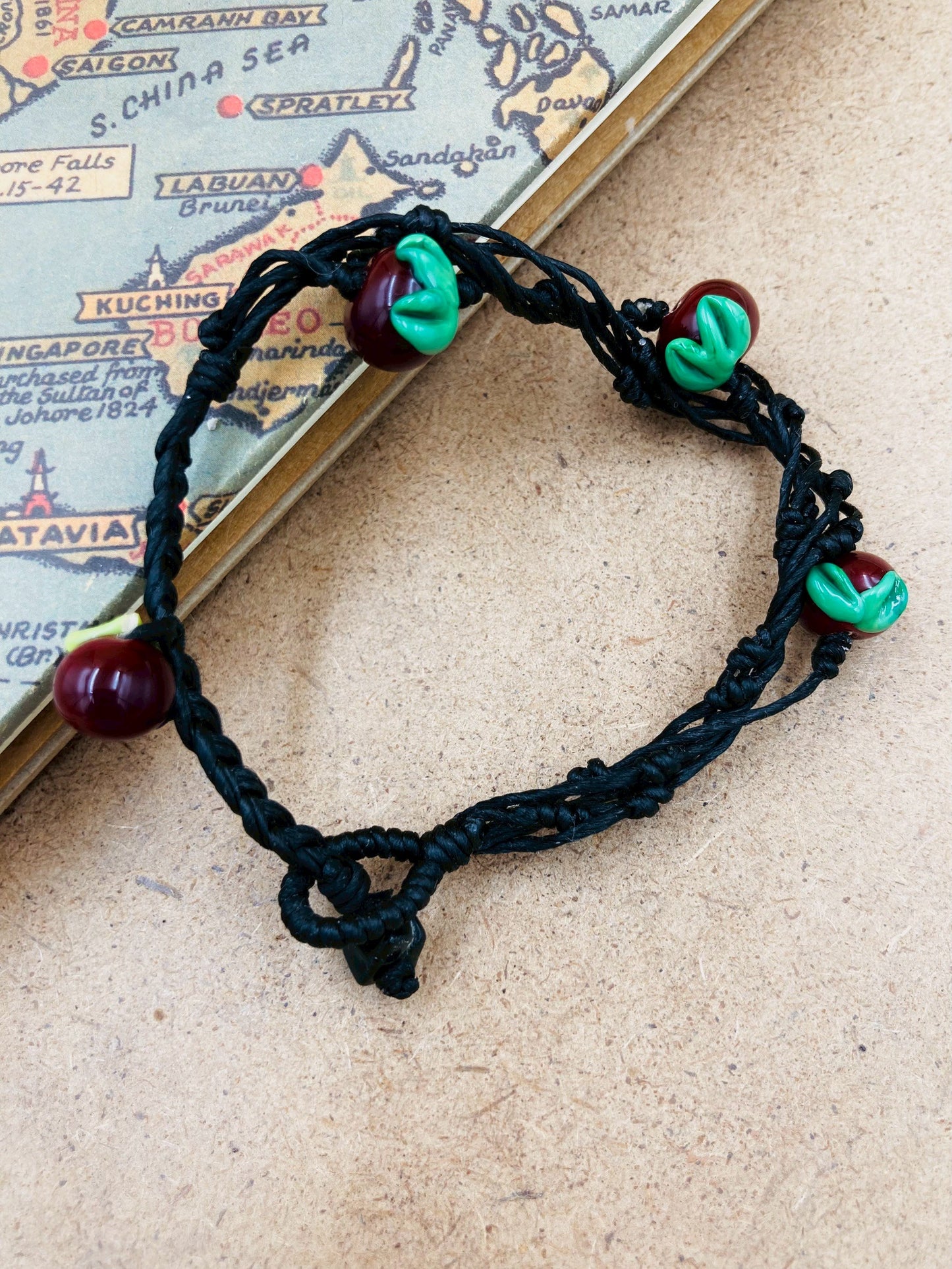 Handmade Murano Glass Bead Bracelet, Waxed Cord Boho Jewelry