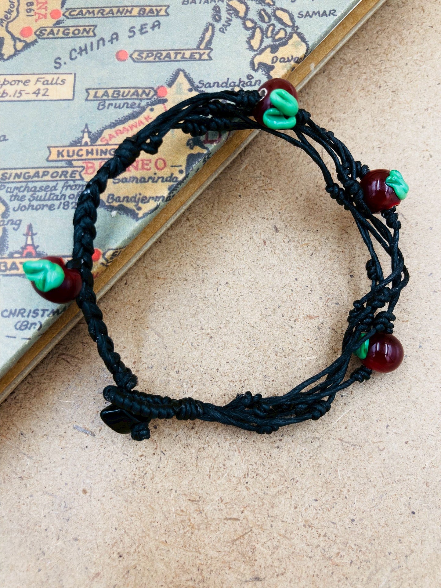 Handmade Murano Glass Bead Bracelet, Waxed Cord Boho Jewelry