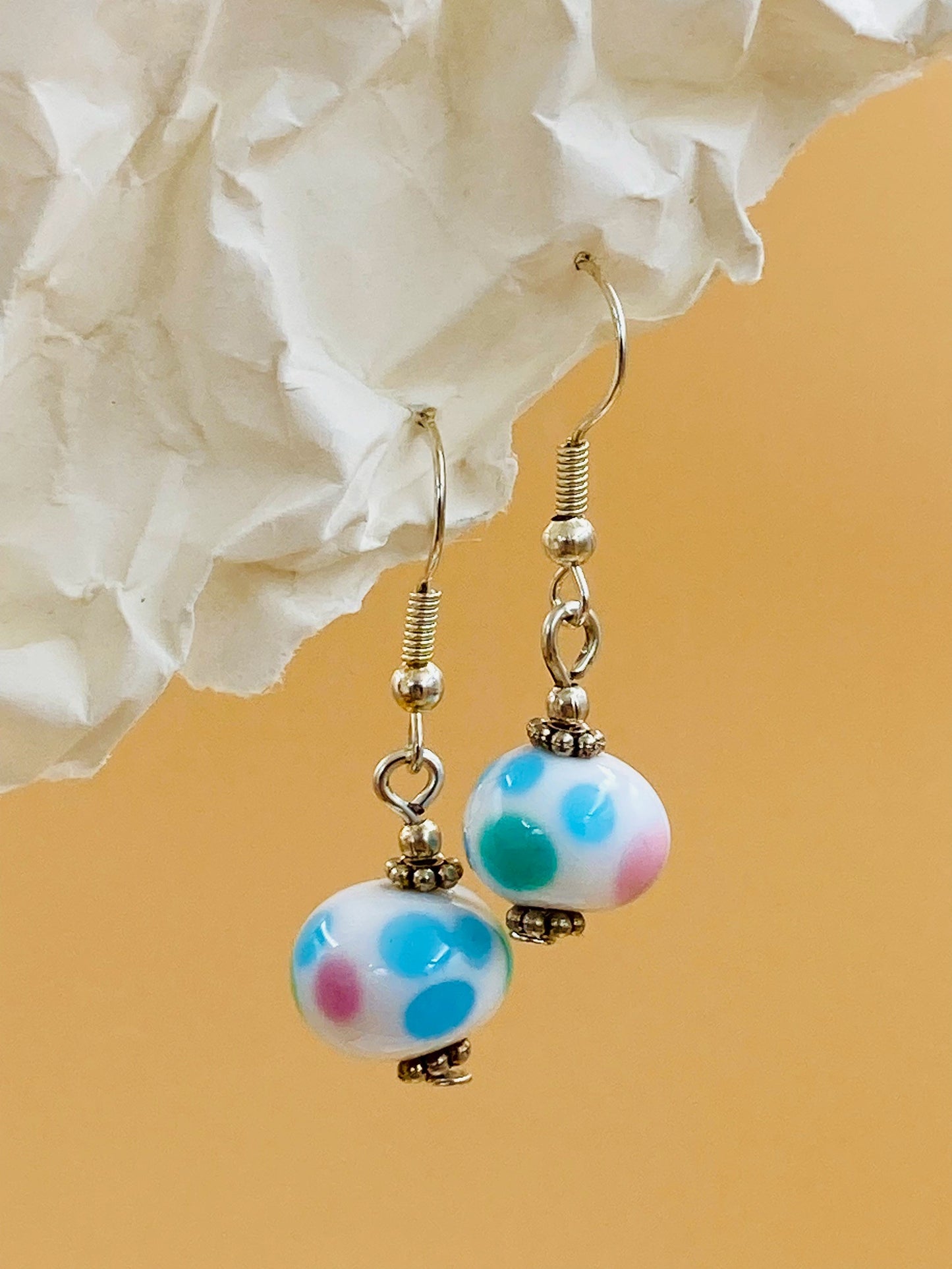Handmade Murano Glass Dangle Earrings, Colorful Polka Dot Artisan Jewelry