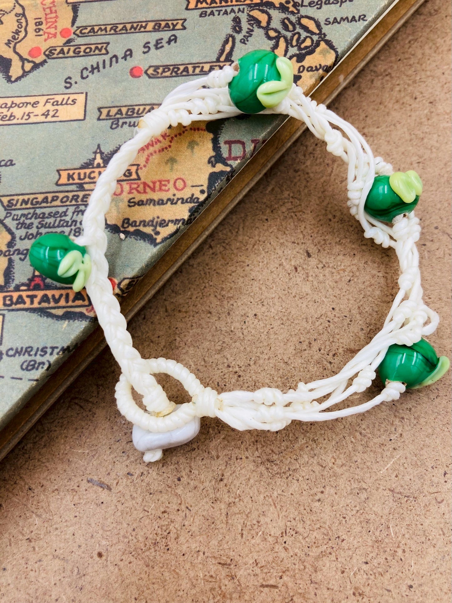 Handmade Murano Glass Bead Bracelet, Waxed Cord Boho Jewelry