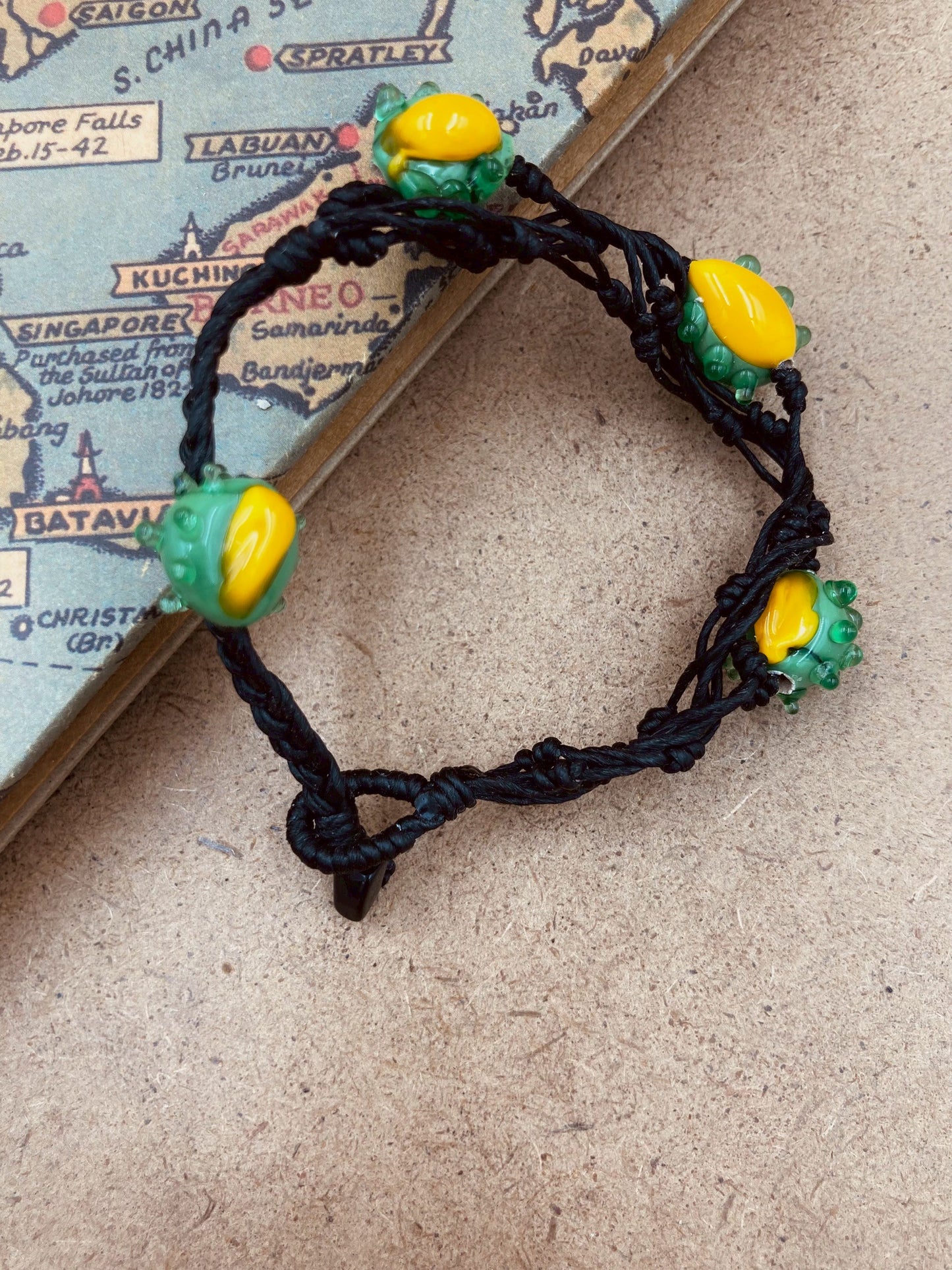 Handmade Murano Glass Bead Bracelet, Waxed Cord Boho Jewelry
