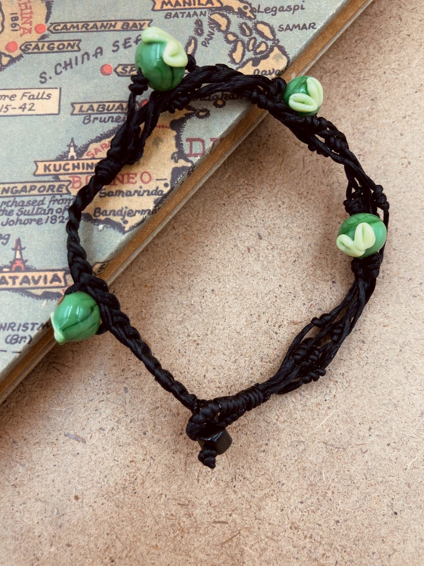 Handmade Murano Glass Bead Bracelet, Waxed Cord Boho Jewelry