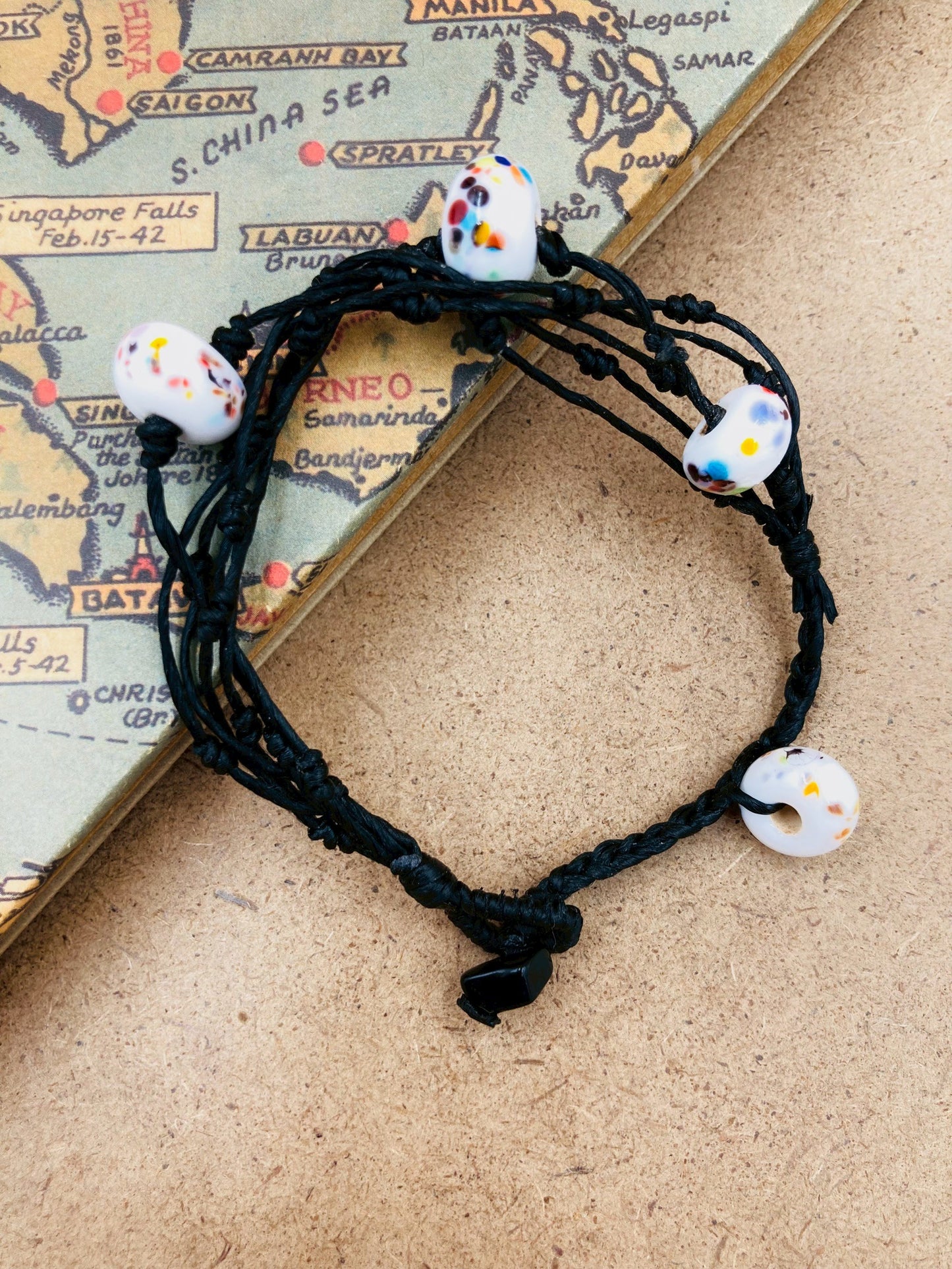 Handmade Murano Glass Bead Bracelet, Waxed Cord Boho Jewelry