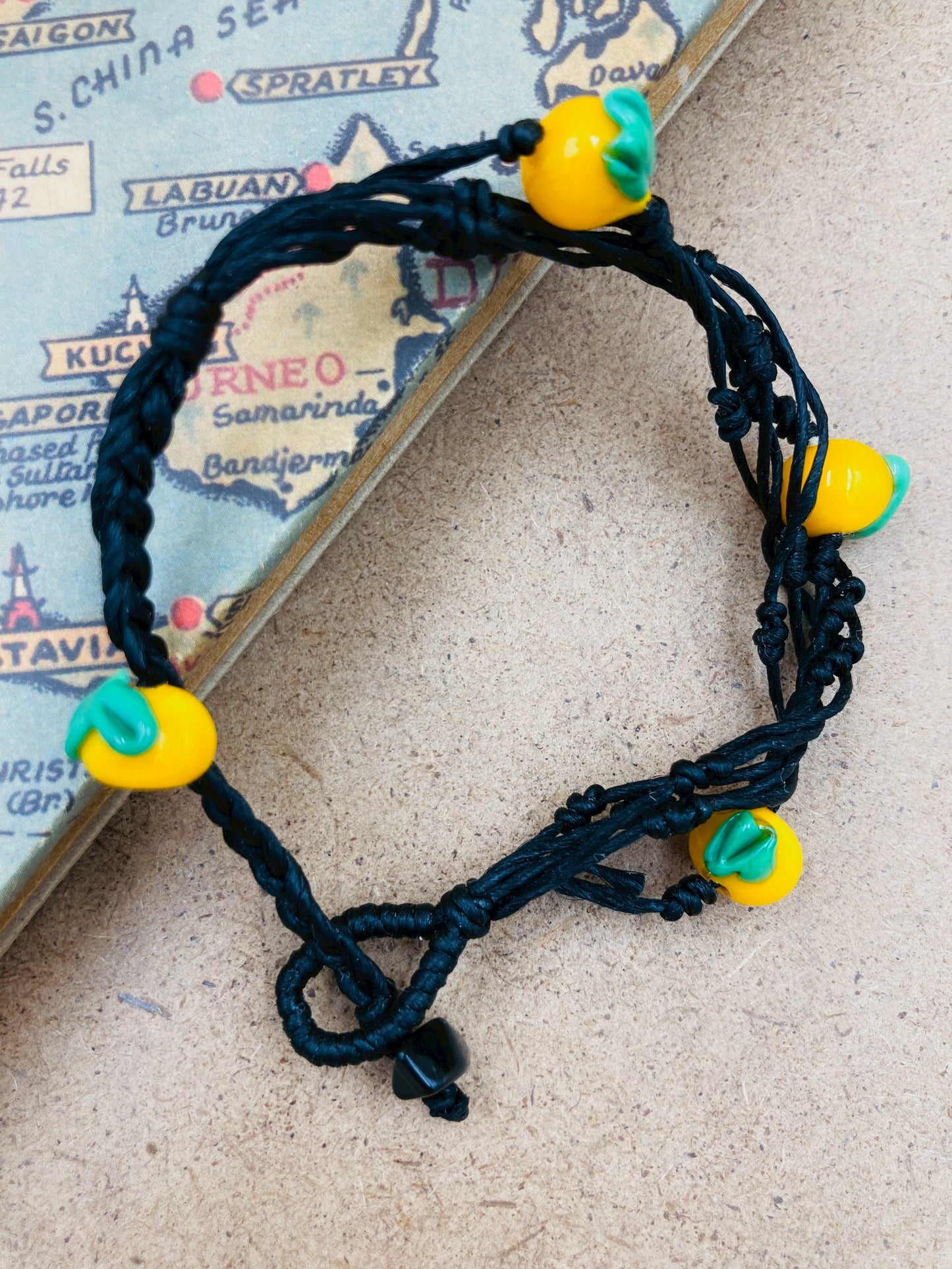 Handmade Murano Glass Bead Bracelet, Waxed Cord Boho Jewelry