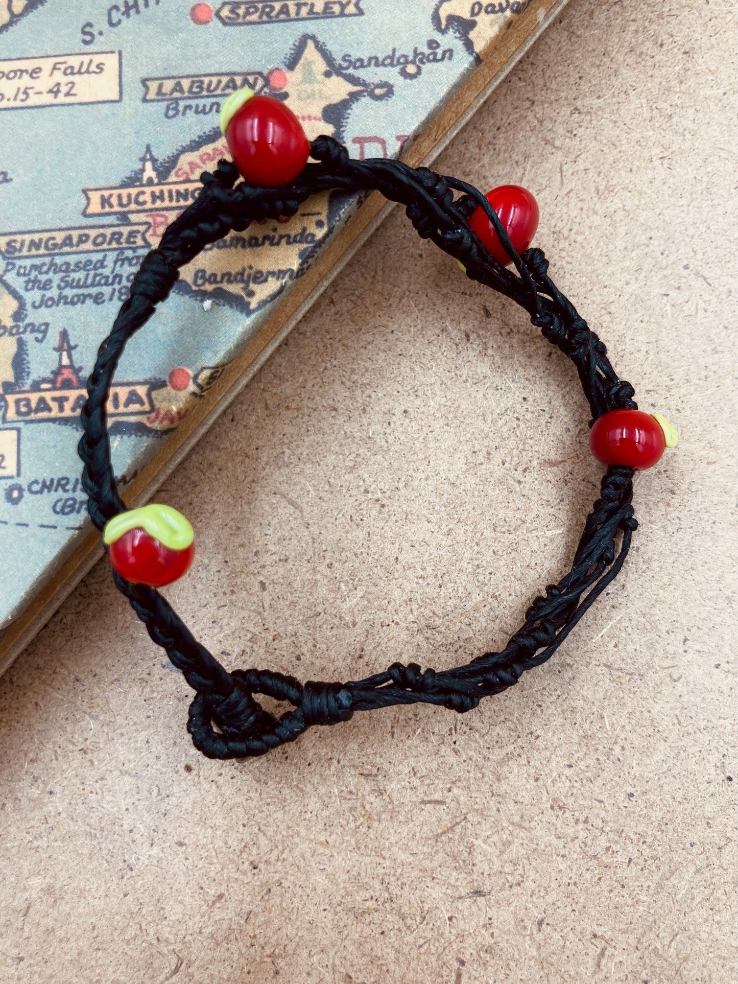Handmade Murano Glass Bead Bracelet, Waxed Cord Boho Jewelry