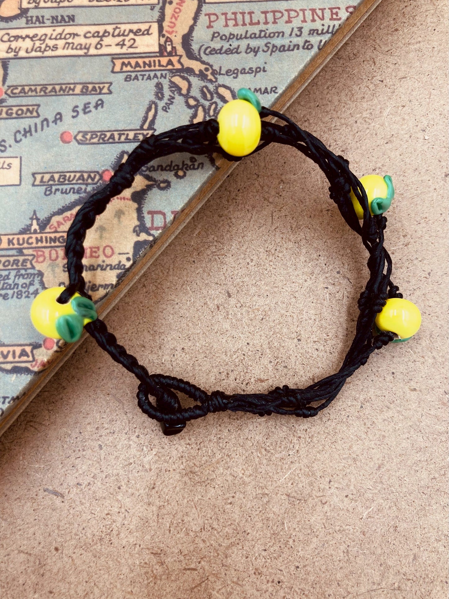 Handmade Murano Glass Bead Bracelet, Waxed Cord Boho Jewelry