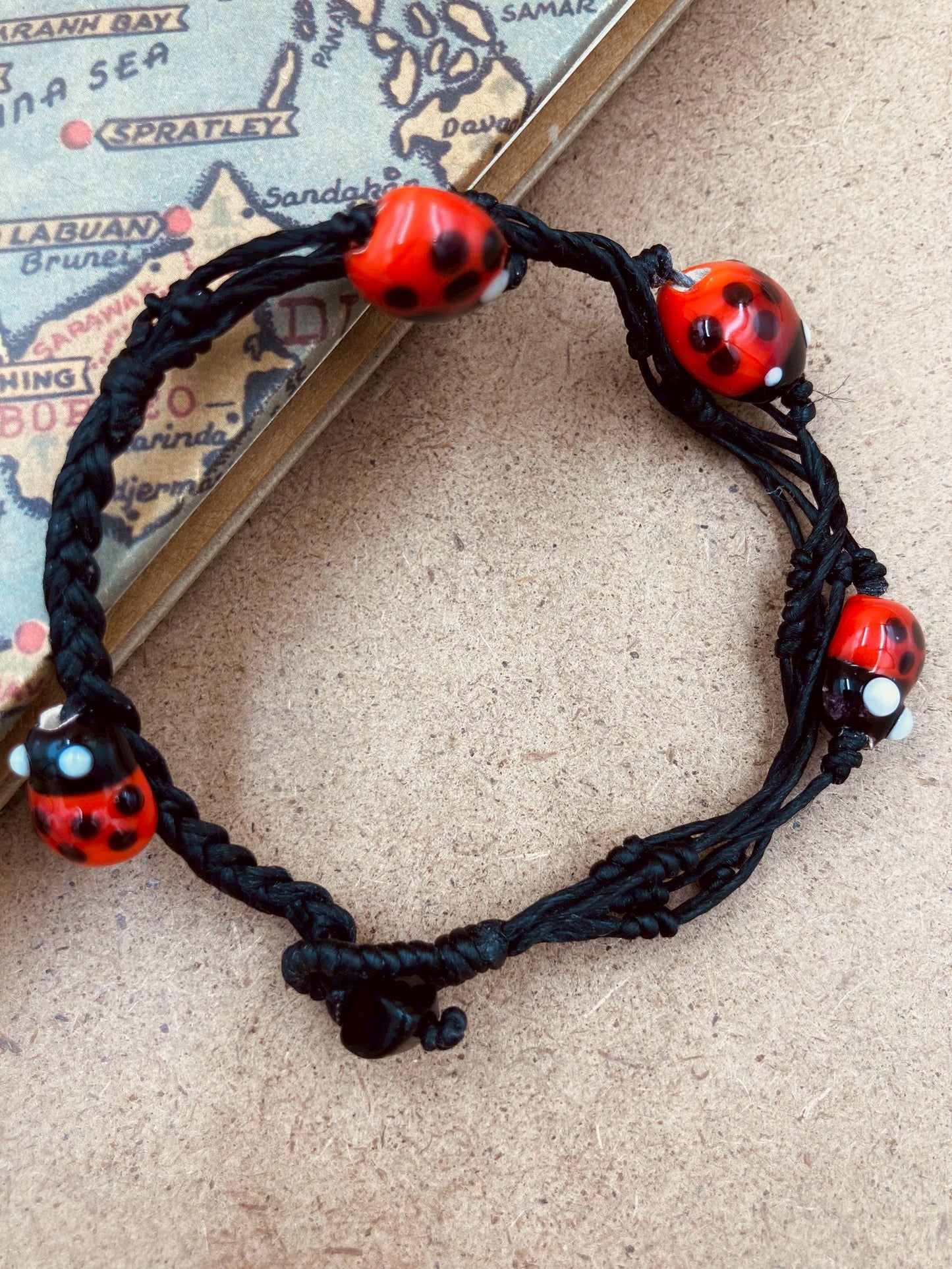 Handmade Murano Glass Bead Bracelet, Waxed Cord Boho Jewelry