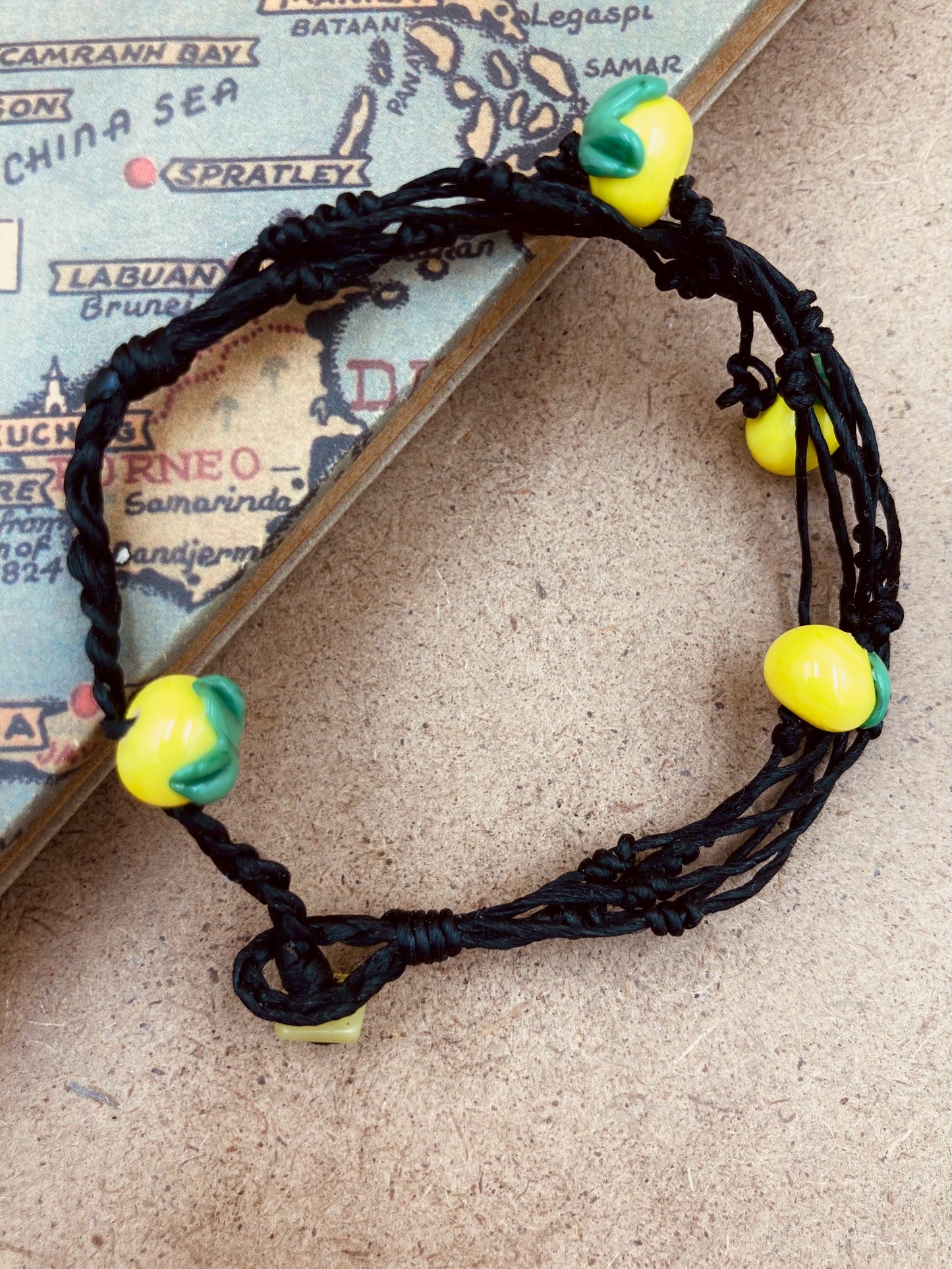 Handmade Murano Glass Bead Bracelet, Waxed Cord Boho Jewelry