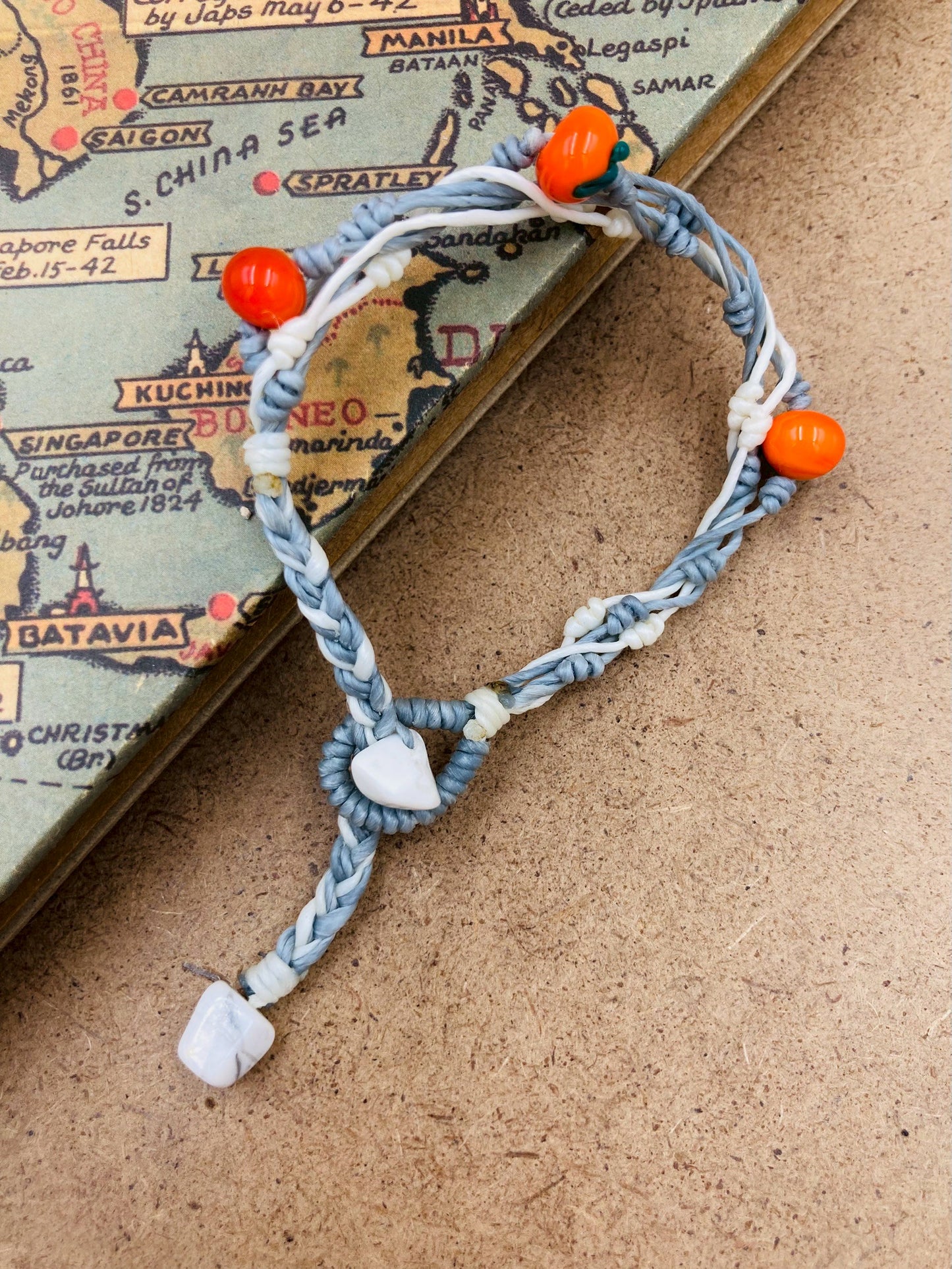 Handmade Murano Glass Bead Bracelet, Waxed Cord Boho Jewelry