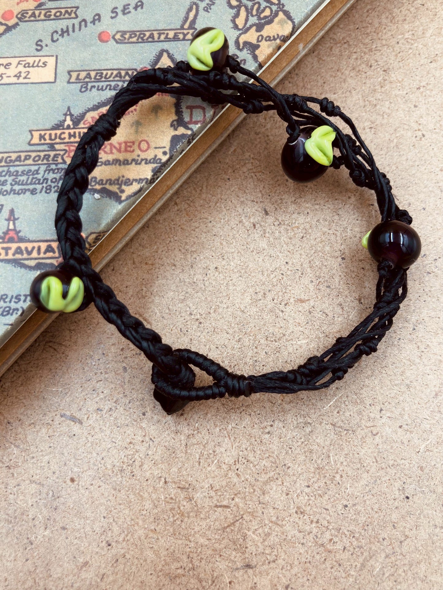 Handmade Murano Glass Bead Bracelet, Waxed Cord Boho Jewelry