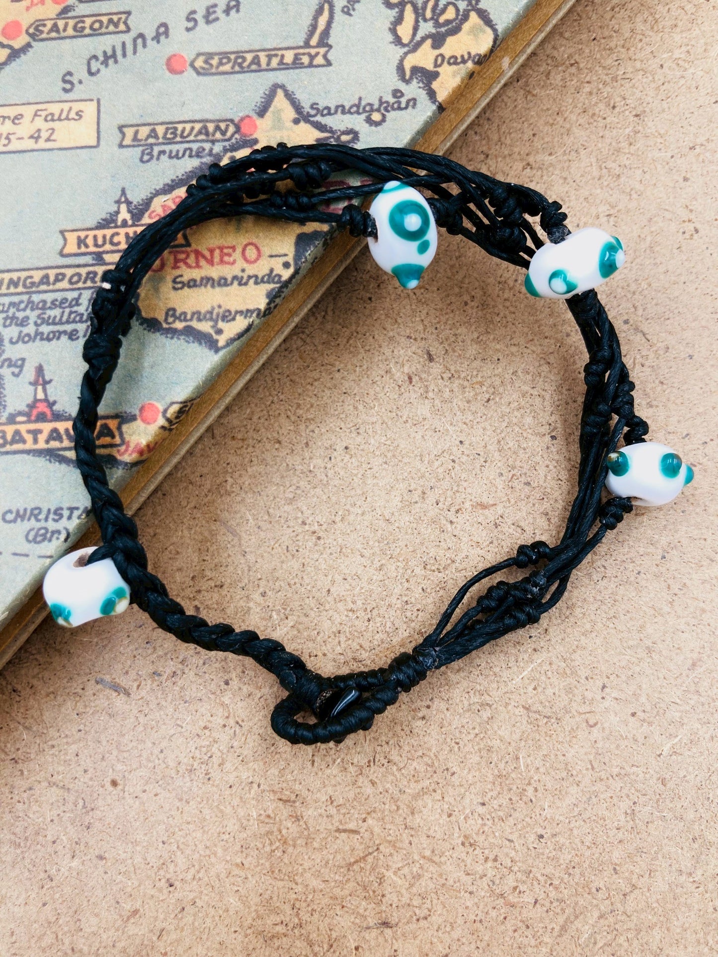 Handmade Murano Glass Bead Bracelet, Waxed Cord Boho Jewelry