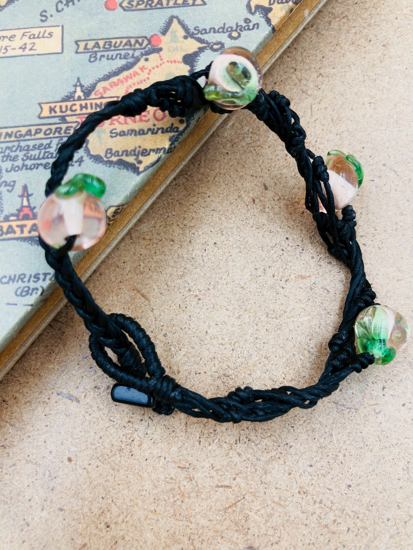 Handmade Murano Glass Bead Bracelet, Waxed Cord Boho Jewelry