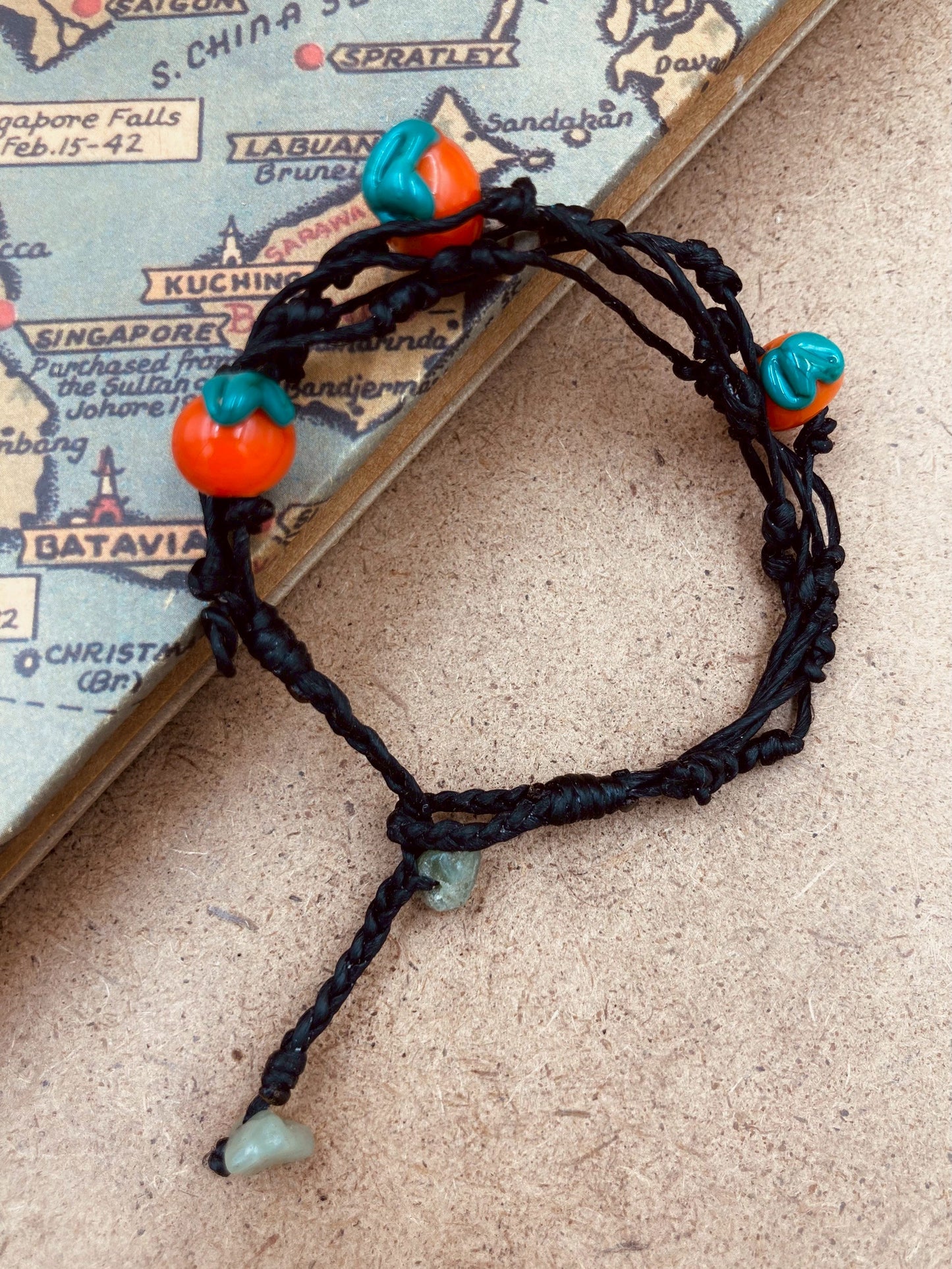Handmade Murano Glass Bead Bracelet, Waxed Cord Boho Jewelry