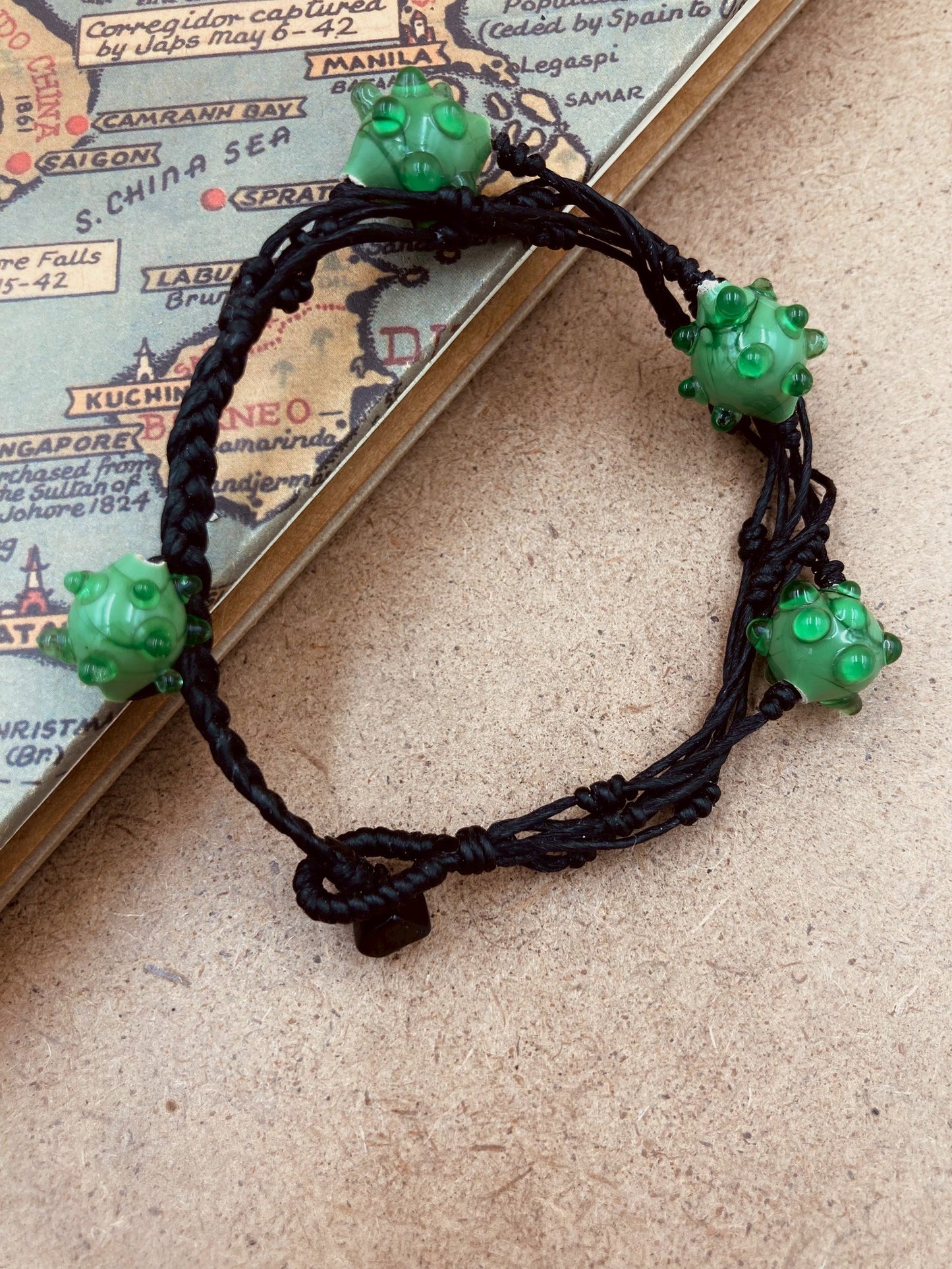 Handmade Murano Glass Bead Bracelet, Waxed Cord Boho Jewelry