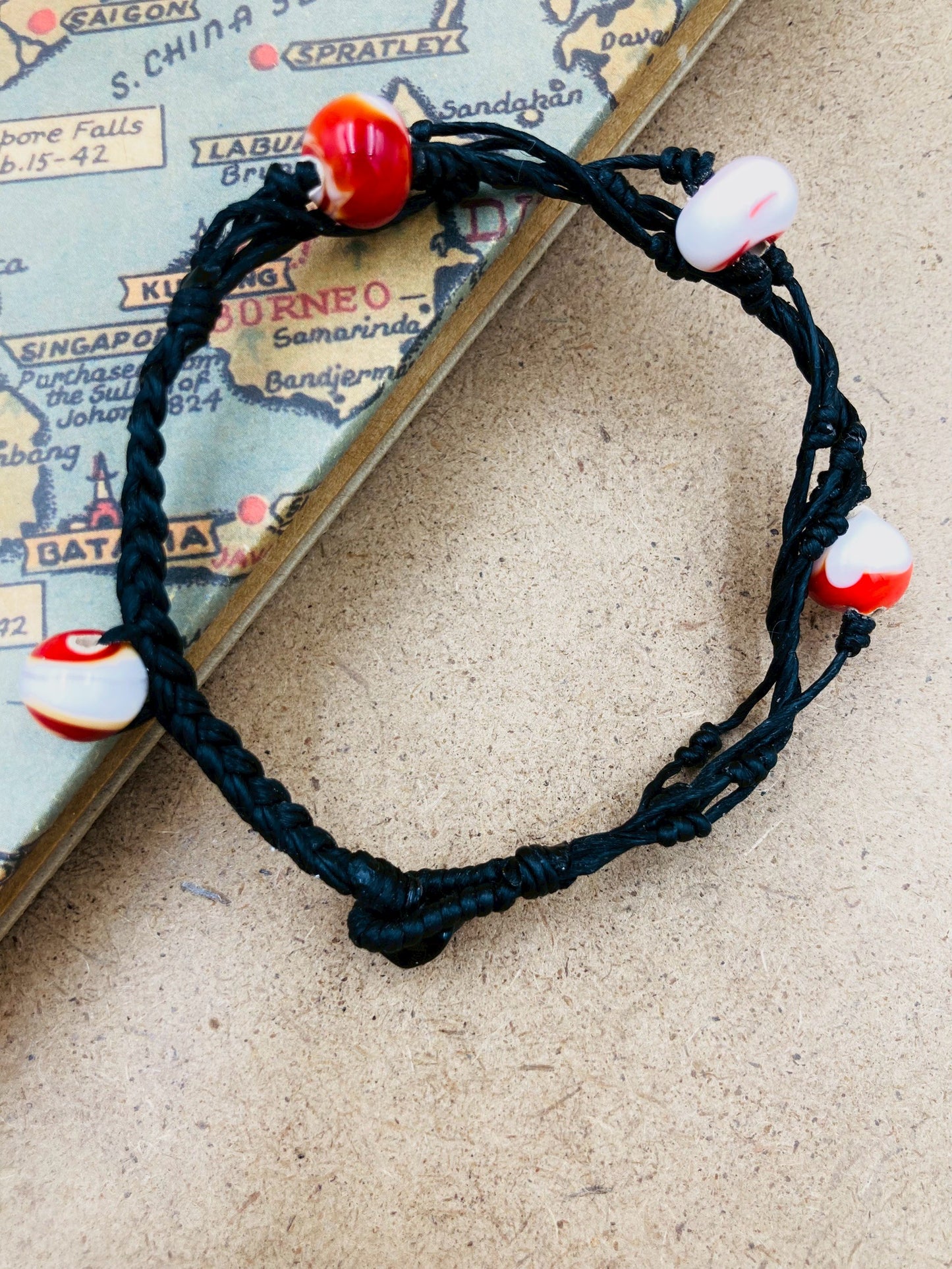 Handmade Murano Glass Bead Bracelet, Waxed Cord Boho Jewelry