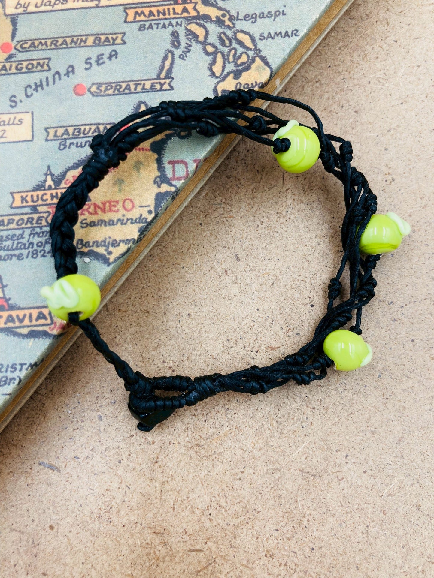Handmade Murano Glass Bead Bracelet, Waxed Cord Boho Jewelry