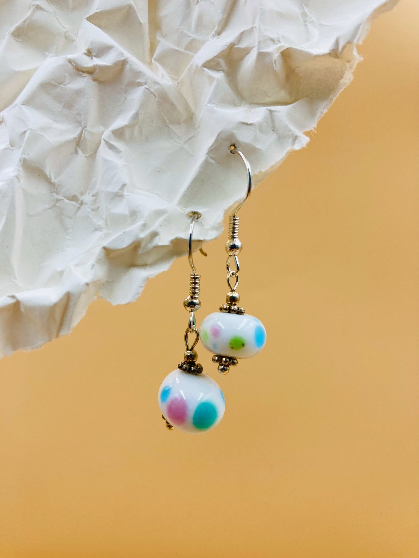 Handmade Murano Glass Dangle Earrings, Colorful Polka Dot Artisan Jewelry