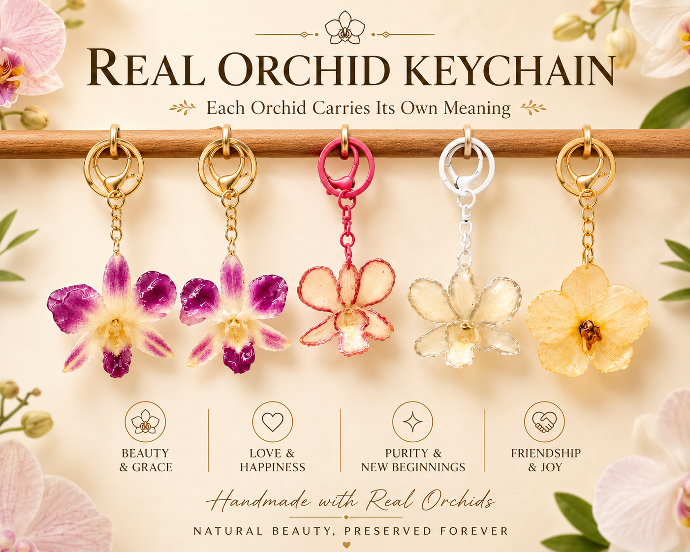 Real Orchid Flower Keychain, Preserved Resin Jewelry