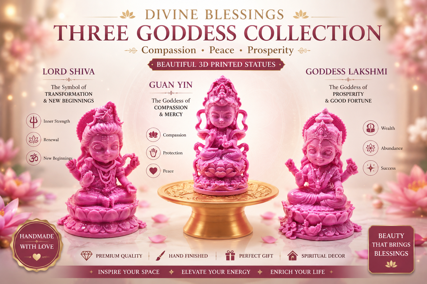 3D Printed Miniature Three Goddesses of Divine Blessings for Diorama & Fairy Garden
