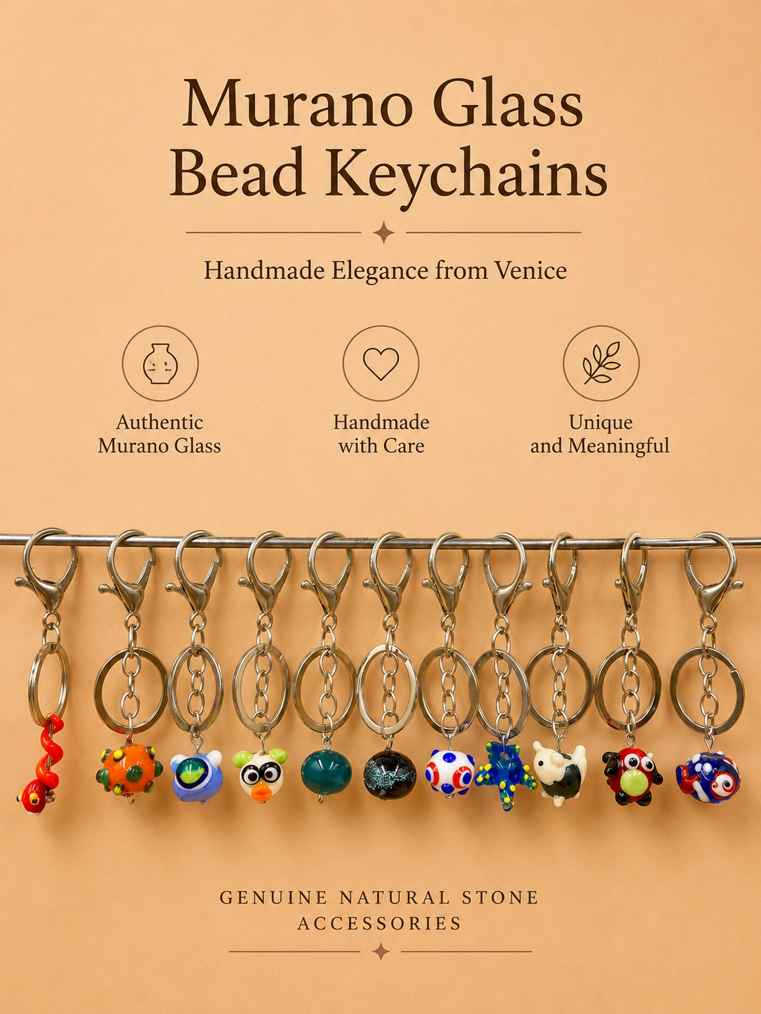 Handmade Murano Glass Bead Keychain, Venetian Charm, Colorful Key Ring Accessory