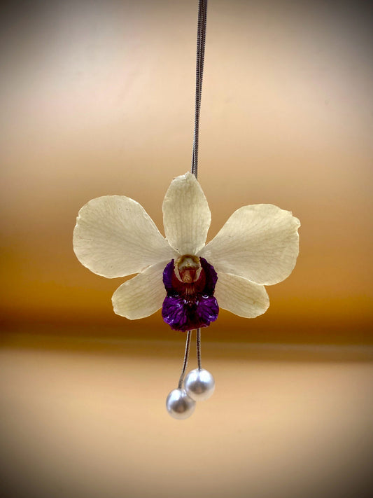 Pendant + necklace, banana flower, made from real flowers, white and purple tones