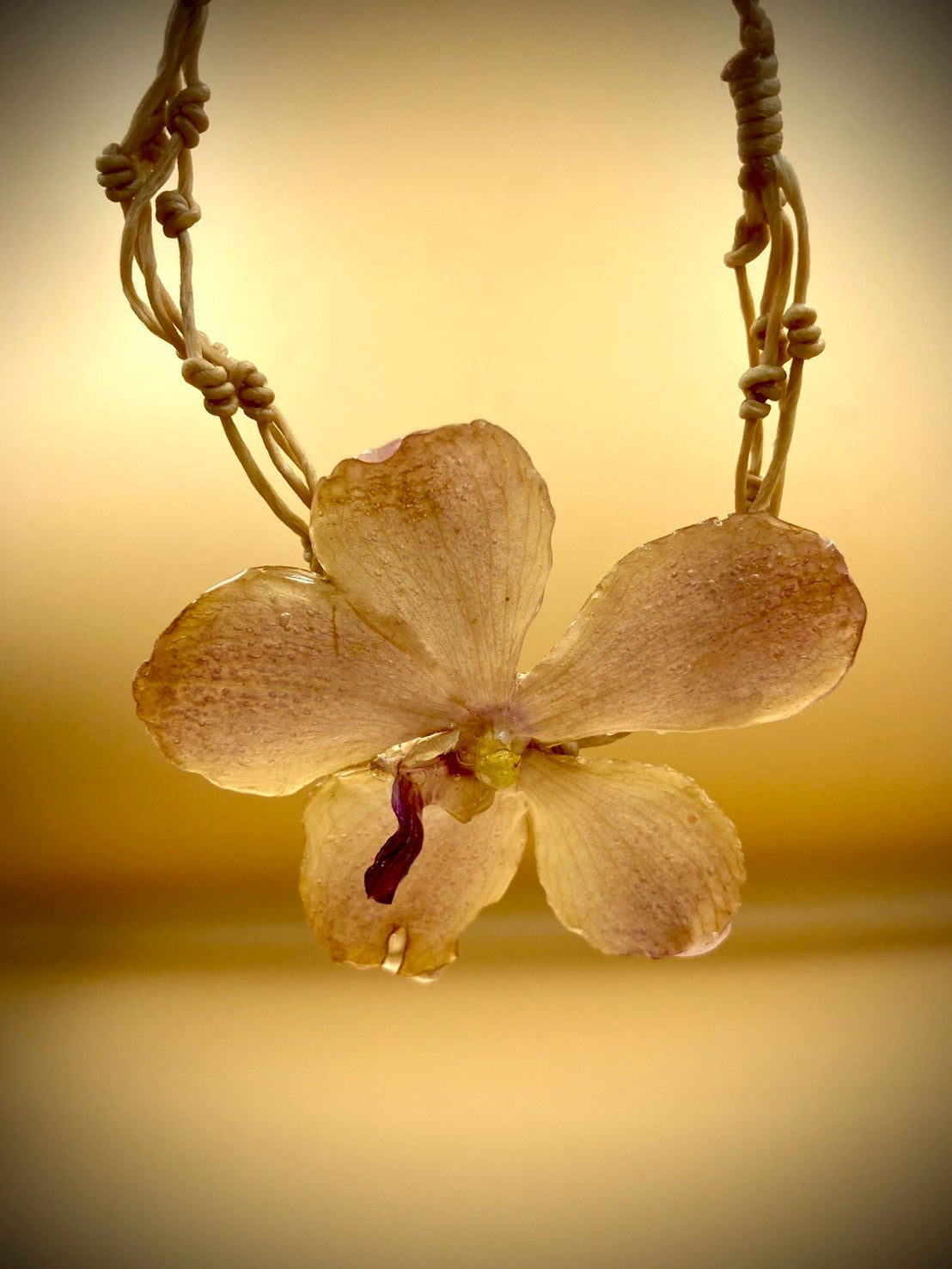 Bracelet made from real flowers, light brown rope
