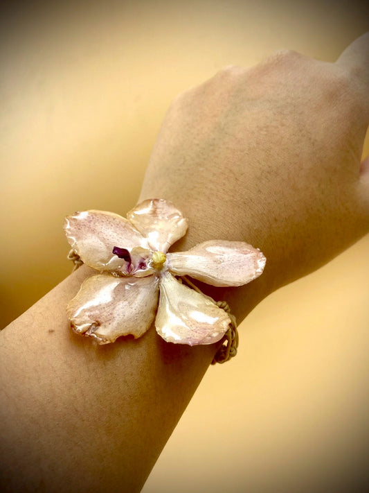 Bracelet made from real flowers, light brown rope