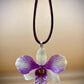 Pendant + rope necklace made from real orchids, white-purple tone