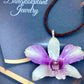 Pendant + rope necklace made from real orchids, white-purple tone