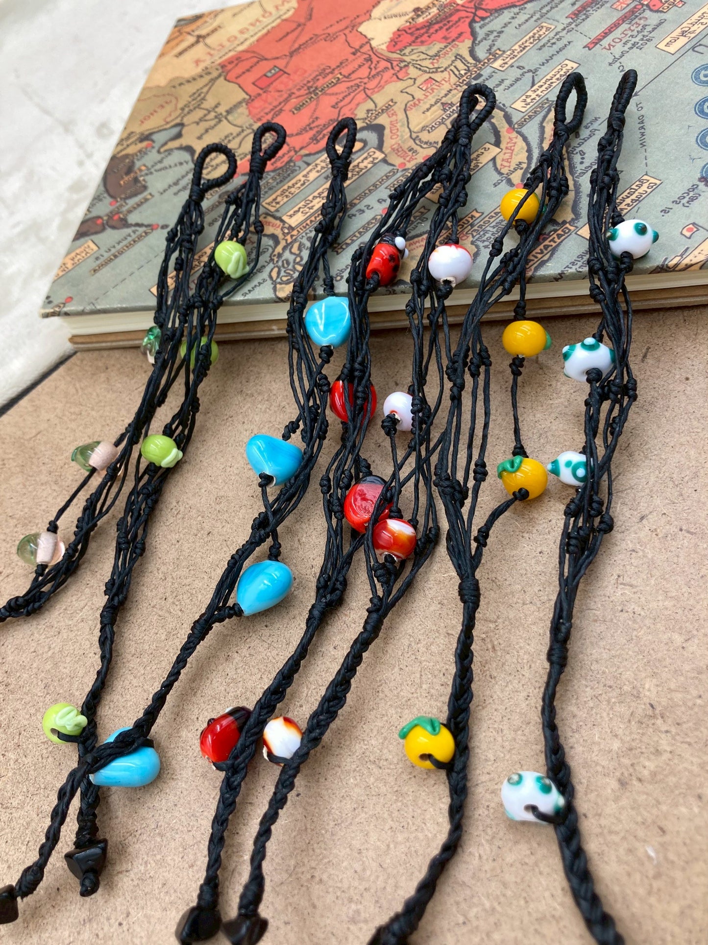Handmade Murano Glass Bead Bracelet, Waxed Cord Boho Jewelry